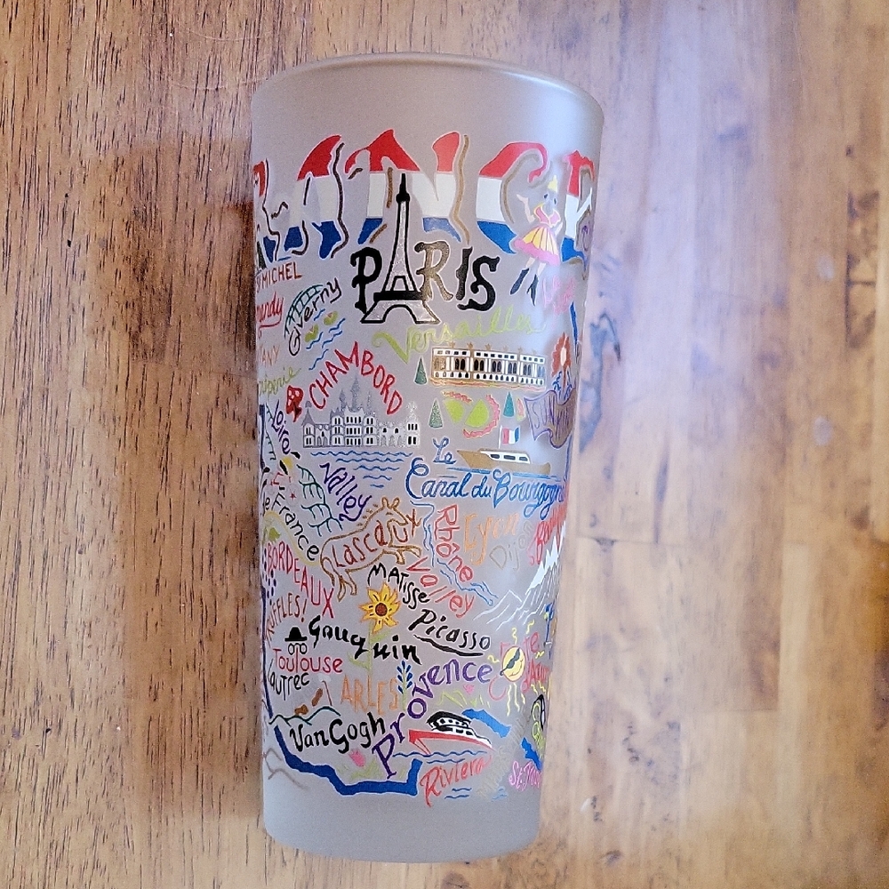 Colorful Catstudio France Themed Frosted Glass Tumbler NWT